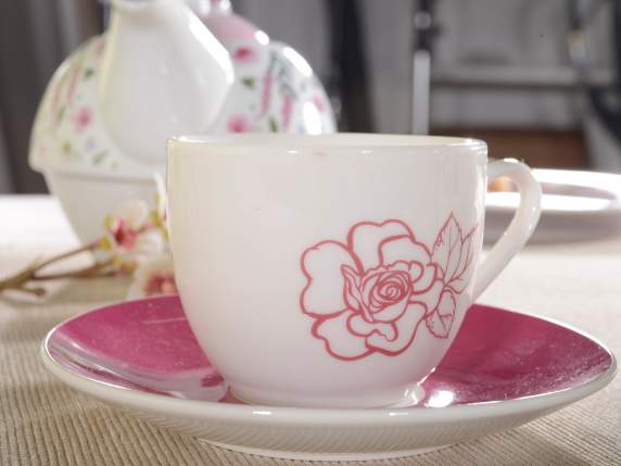 Taza de café de cerámica de colores Flores con platillo