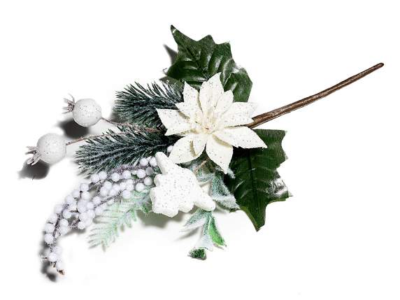 Flor de pascua artificial blanca con bayas y adornos con pur