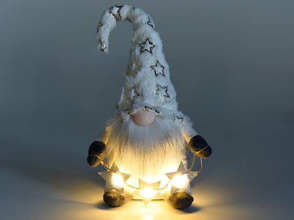 Papá Noel de tela con barba larga y cadena de luces de estre