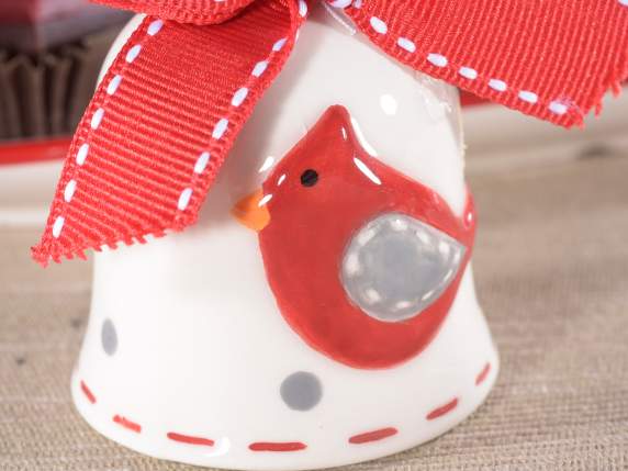 Campanella in ceramica c-decori natalizi in rilievo e fiocco