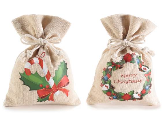 Natural cotton bag with Christmas print and pull