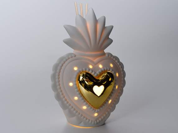 Corazón de porcelana con luz led y palo de madera con perfum