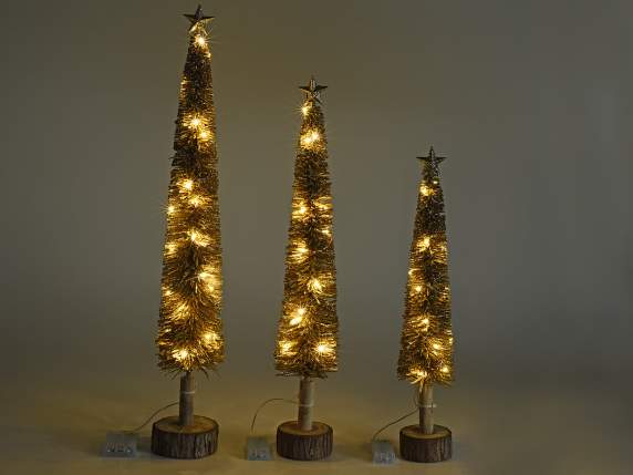 Set de 3 copaci cu sclipici auriu pe baza de lemn si lumini