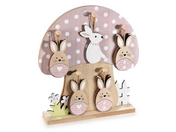 Wooden mushroom display with 20 decorations to hang