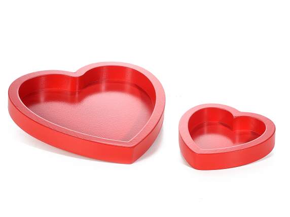 Set of 2 red heart-shaped wooden trays