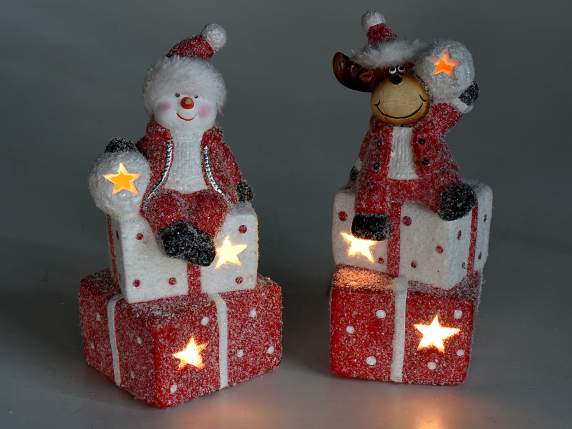 Sujet de Noel ceramique sur paquets cadeau avec led