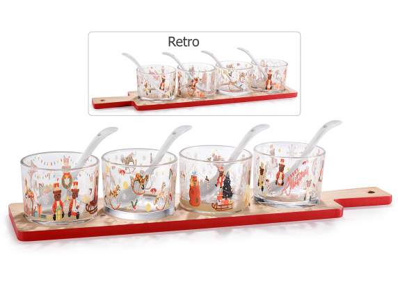 Aperitif set 4 glass cups with spoon on tray