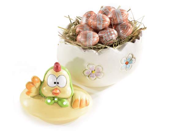Barattolo a uovo con gallina in ceramica e dettagli floreali