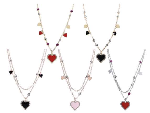 Metal necklace with lacquered hearts and rhinestones in card