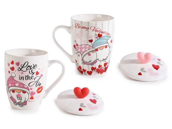 Porcelain mug Gnomes in love w - lid and heart
