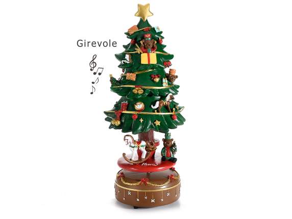 Caja de música árbol de navidad en resina con osito y caball