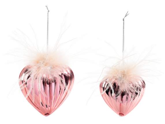 Set de 2 corazones de cristal trabajados con plumas para col