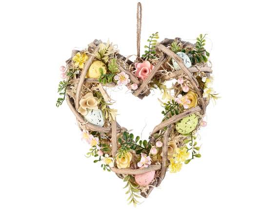 Guirlande coeur en bois avec œufs et fleurs à suspendre