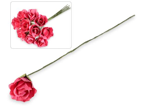 Rose artificielle en papier fuchsia avec tige malléable