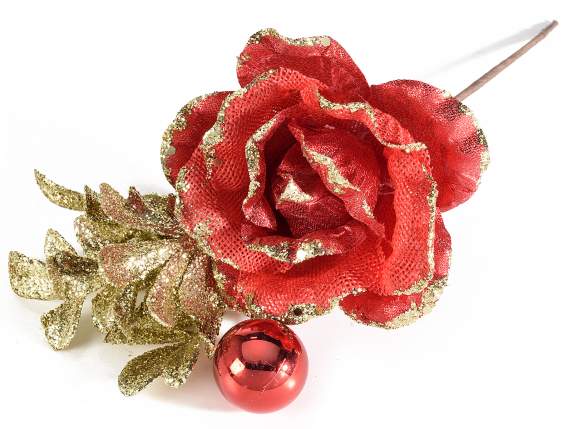 Rose artificielle en tissu avec boule, bordure et feuilles d