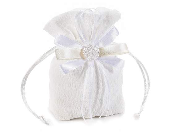 White froissè fabric bag with bows and rose