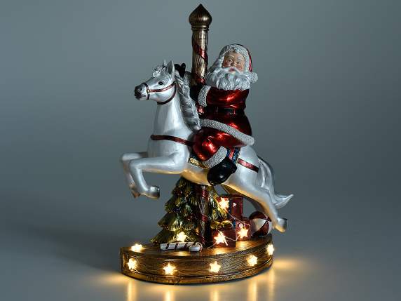 Spieluhr Weihnachtsmann aus Harz auf Pferd mit Lichtern und