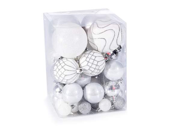 Box of 50 plastic balls in assorted sizes to hang