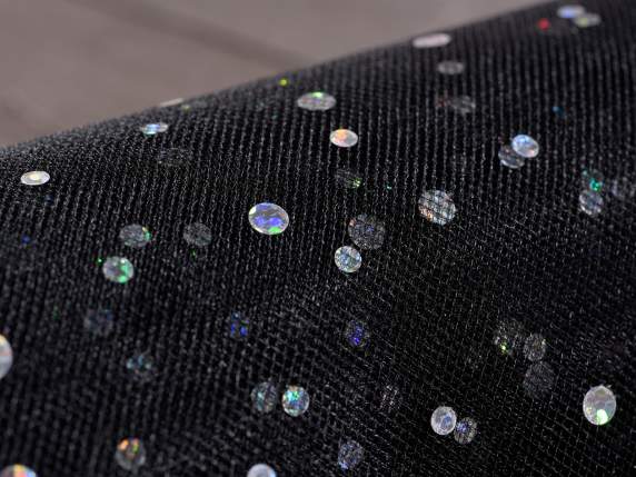 Decorative tulle roll with iridescent silver polka dots