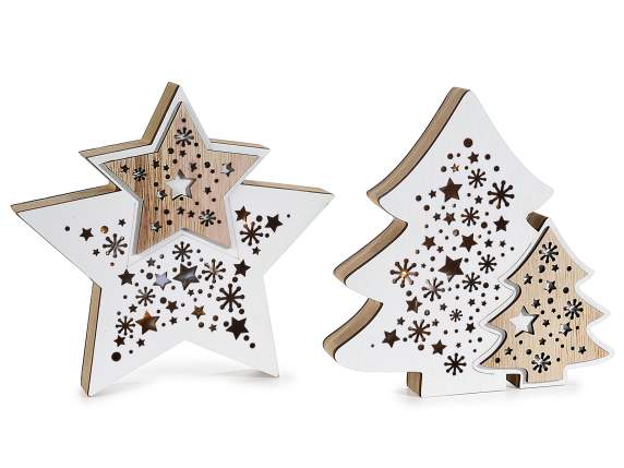 Christmas wooden star and tree decoration with lights