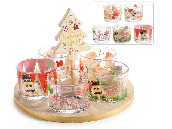Aperitif set 5 decorated glass bowls on wooden tray