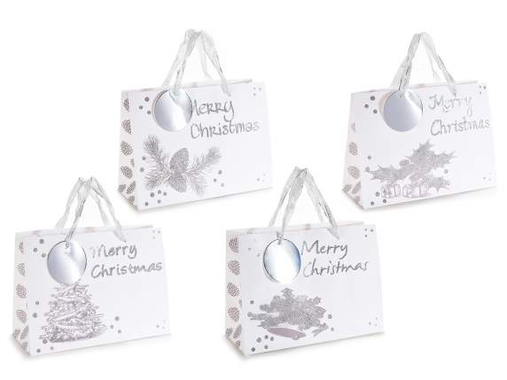 Paper bag with glitter print, tag and silver handle