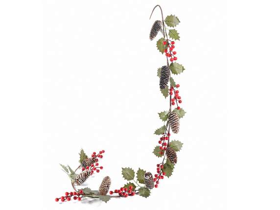 Garland festoon with snowy pine cones and red berries