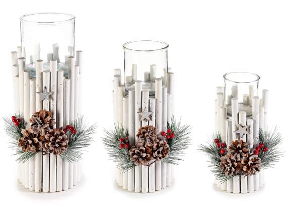 Set of 3 wooden centerpieces with glass candle holder and de
