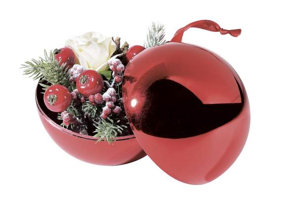 Openable red medium glossy sphere with hanging ribbon