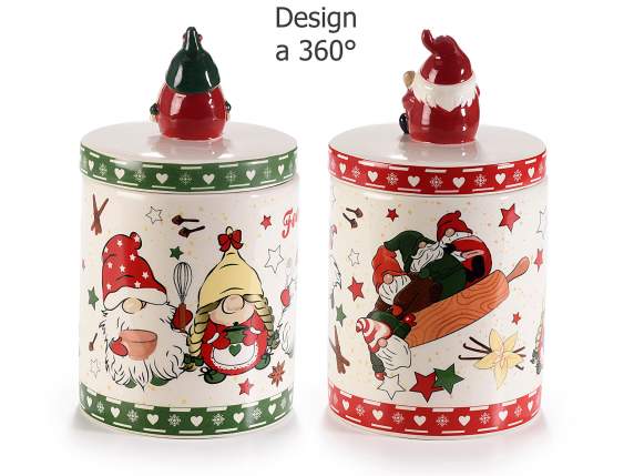 Ceramic food jar with gnome decorations