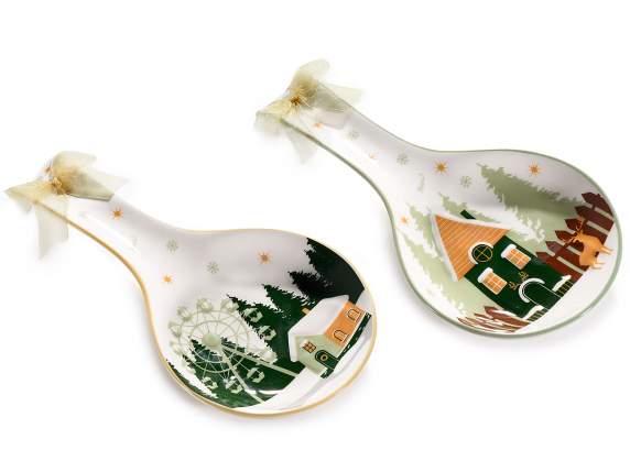 Ceramic spoon rest with Winter Village decoration and bow