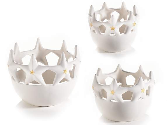 Set of 3 ceramic vases with star edges and golden details