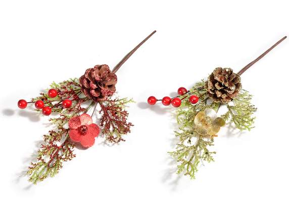 Sprig with glittery pine cone, red berries and artificial fl