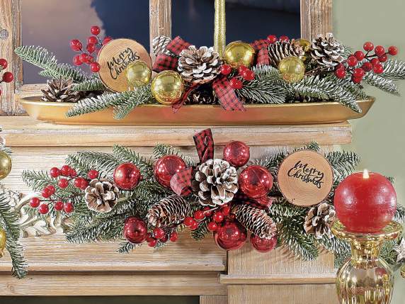 Garland with balls, snowy pine cones and berries to place