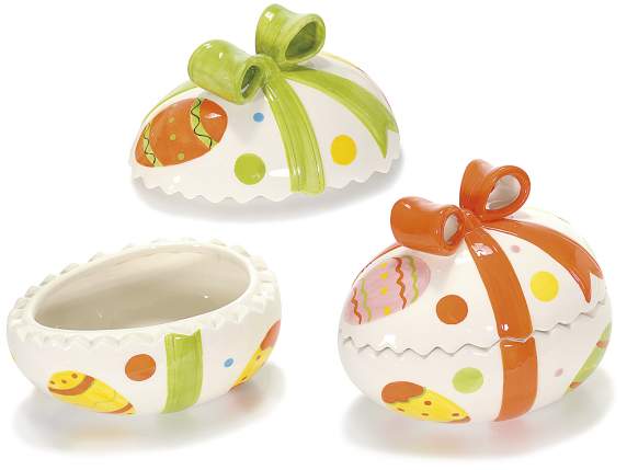Painted ceramic egg-shaped candy jar with bow