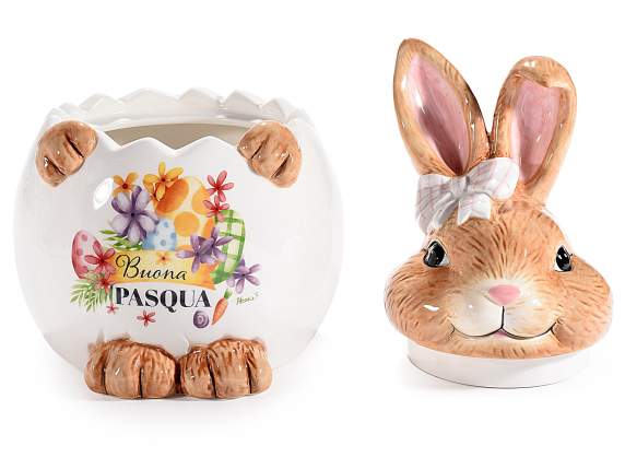 Ceramic egg-shaped food jar with rabbit lid