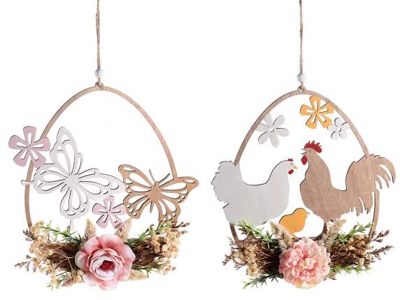 Wooden egg-shaped decoration with artificial hanging flowers