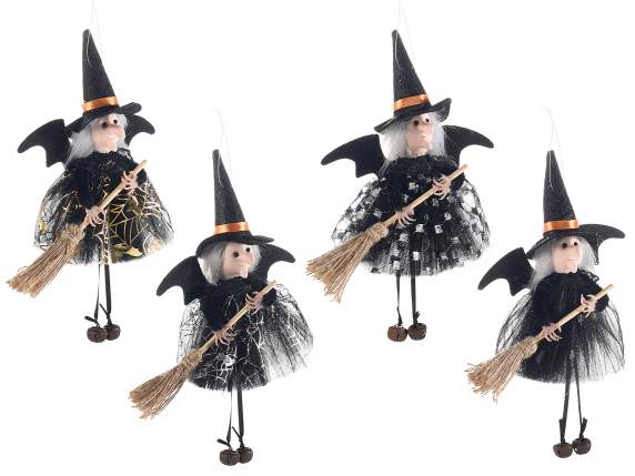 Long-legged Befana-Witch w-tulle dress and broom to hang