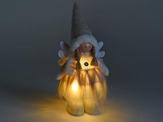 Fabric and eco-fur angel with silver details and LED light