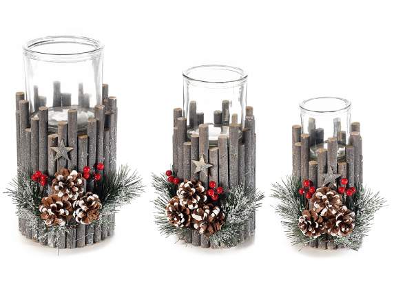 Set of 3 wooden centerpieces with glass candle holder and de