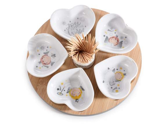 Aperitif set 6 porcelain bowls on wooden tray