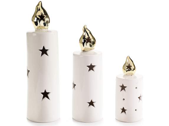 Set of 3 ceramic battery candles w - LED lights and star car