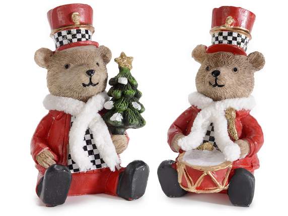 Resin bear with hat, drum and Christmas tree