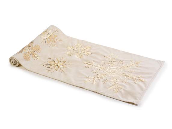 Table runner in velvety fabric with sequin embroidered decor