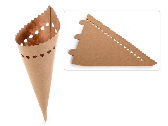 Package 50 kraft paper cones with heart decoration