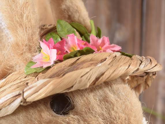 Natural fiber rabbit with bow and little flowers