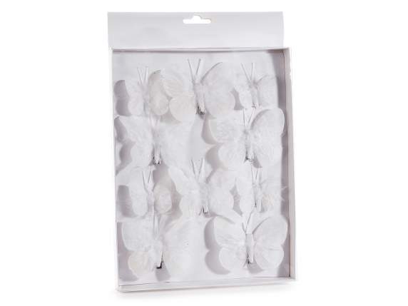 Box of 10 white butterflies 2 sizes with real feathers and c