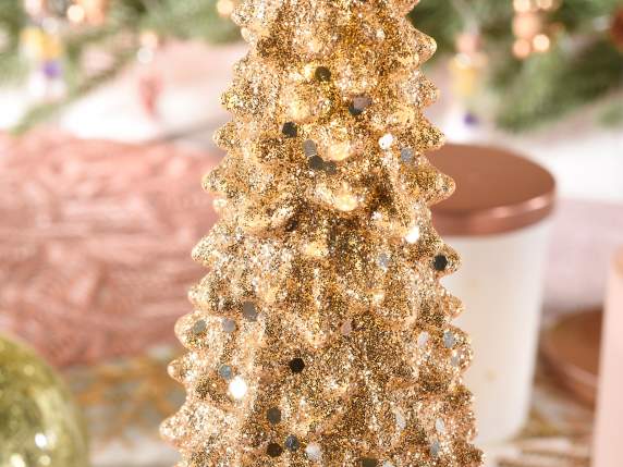 Set of 2 trees in golden resin with led light and glitter