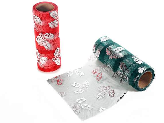 Roll of decorative tulle with glossy  holly printing