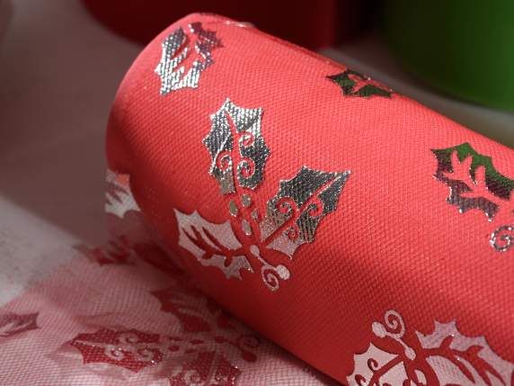 Roll of decorative tulle with glossy  holly printing